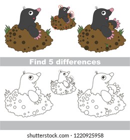 Find the several differences between pictures, the simple educational kid game for preschool kids. Forest Animal Mole