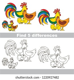 Find the several differences between pictures, the simple educational kid game for preschool kids. Family of Mom and her infant ock and Hen and Chicken