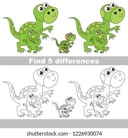 Find the several differences between pictures, the simple educational kid game for preschool kids. Dinosaur mother and her infant tyrannosaur