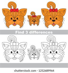 Find the several differences between pictures, the simple educational kid game for preschool kids. Pet yorkshire terrier