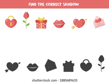 Find shadow of all valentine day elements. Logical game for kids.