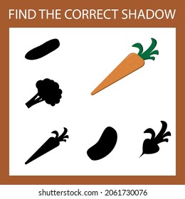 Find a shadow carrot steam room. Match vegetable with correct shadow Preschool worksheet, kids activity worksheet, printable worksheet