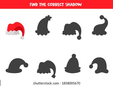 Find shadow of cartoon Christmas cap. Educational logical game for kids.