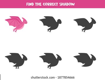 Find Shadow Of Cartoon Dinosaur Pterodactyl. Educational Logical Game. 