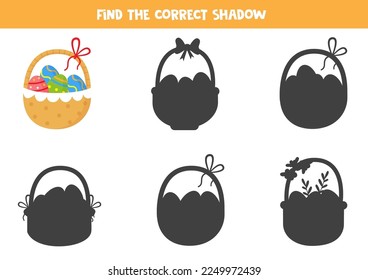 Encuentra sombra de la caricatura de la canasta de Pascua. Juego educativo lógico para niños.