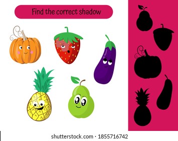 Find shadow of Cartoon funny fruit vegetables. Educational game for preschoolers. Worksheet for children, toddlers, educational centers, kindergartens. Home schooling