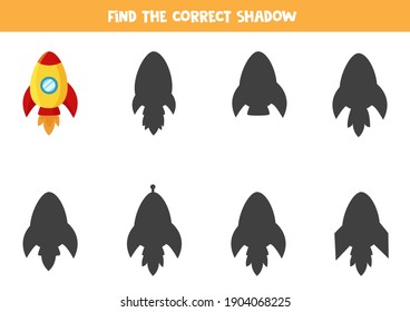 Find shadow of cartoon rocket. Logical game for kids.