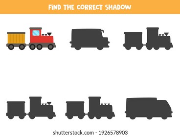 Encuentra sombra del tren de dibujos animados. Juego educativo lógico para niños.