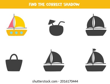 Find shadow of cartoon yacht. Educational logical game for kids.