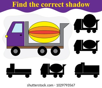 Find the shadow of cement mixer. Educational game for children.