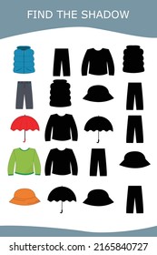 Find a shadow   clothes  Preschool worksheet, kids activity worksheet, printable worksheet

