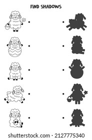 Find shadow of cute black and white Easter lambs. Educational logical game for kids.
