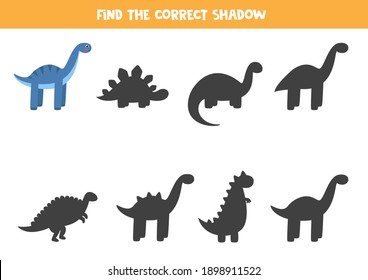 Find shadow of cute cartoon diplodocus. Logical game for kids.
