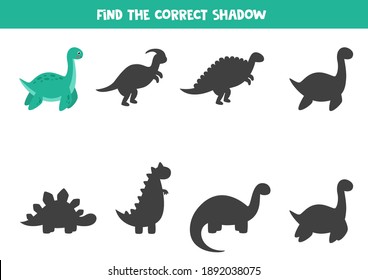 Find shadow of cute cartoon plesiosaurus. Logical game for kids.