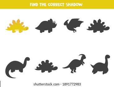 Find shadow of cute cartoon stegosaurus. Logical game for kids.