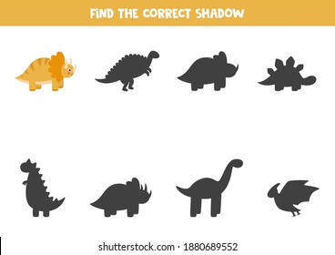 Find shadow of cute cartoon trice raptor. Logical game for kids.