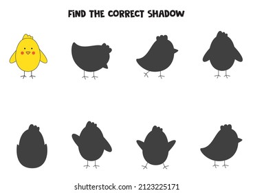 Find shadow of cute Easter chicken. Educational logical game for kids.