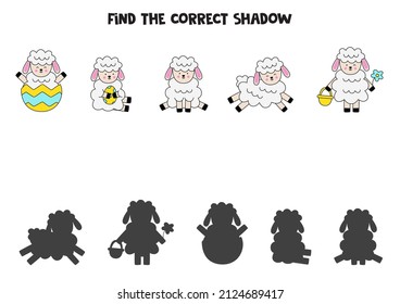 Find shadow of cute Easter lambs. Educational logical game for kids.