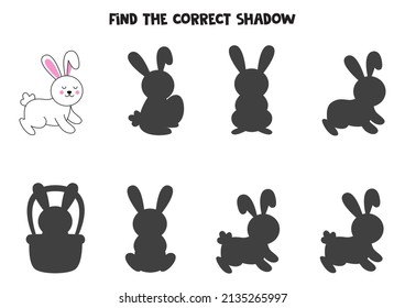 Find shadow of cute Easter rabbit. Educational logical game for kids.