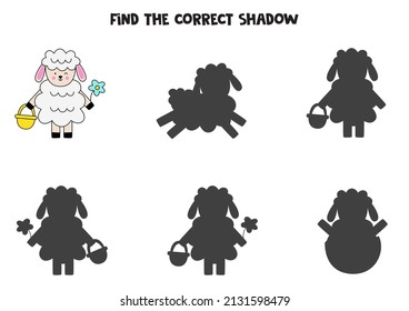 Find shadow of cute Easter sheep. Educational logical game for kids.