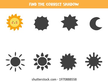 Find Shadow Of Cute Kawaii Sun. Educational Logical Game For Kids.