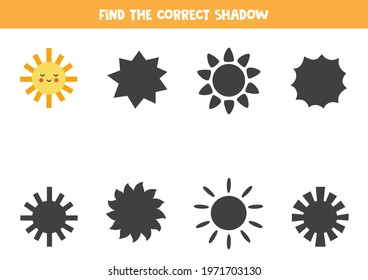 Find Shadow Of Cute Kawaii Sun. Educational Logical Game For Kids.