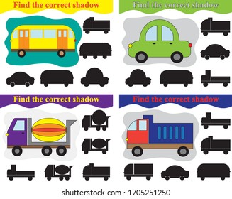 Find shadow of different transport, set of educational games for kids. Vector illustration.