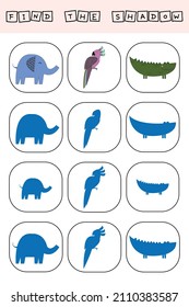 Find a shadow  elephant, parrot, crocodile. Match   toy  with correct shadow Preschool worksheet, kids activity worksheet, printable worksheet