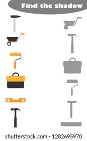 Find the shadow game with building pictures for children, education game for kids, preschool worksheet activity, task for the development of logical thinking, vector illustration