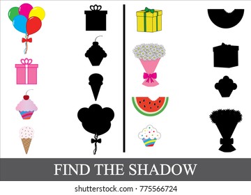Find the shadow. Kid’s game. Set of holiday icons.