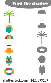 Find the shadow, game with summer beach pictures for children in cartoon style, education game for kids, preschool worksheet activity, task for the development of logical thinking, vector illustration