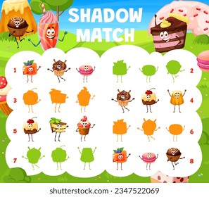 Find the shadow match of cartoon candy, pastry and cake characters. Kids game vector worksheet with jelly pudding, cupcake, macaroon and pie. Cheesecake, muffin, baba confection personage silhouettes