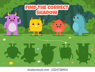 Find shadow for monsters concept. Educational materials for children, guess shape and color. Intellectual game and puzzle, riddle. Bizarre devils and demons. Cartoon flat vector illustration