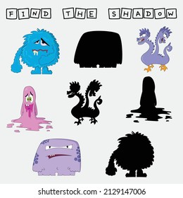 Find a shadow  monsters. Match   funny heroes  with correct shadow.  Preschool worksheet, kids activity worksheet, printable worksheet
