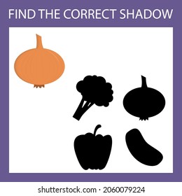 Find a shadow onion steam room. Match vegetable with correct shadow Preschool worksheet, kids activity worksheet, printable worksheet