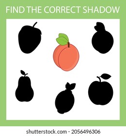 Find a shadow peach steam room. Match fruit with correct shadow Preschool worksheet, kids activity worksheet, printable worksheet