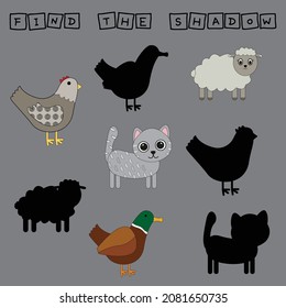 Find a shadow  pets. Match  cat sheep, chicken,duck with correct shadow Preschool worksheet, kids activity worksheet, printable worksheet