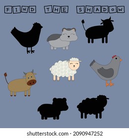Find a shadow  pets. Match sheep, hamster, cow,chicken  with correct shadow Preschool worksheet, kids activity worksheet, printable worksheet