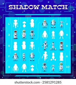 Find shadow of robots vector kids game, educational puzzle. Memory game, maze, puzzle or logic riddle with educational task of matching artificial intelligence robot silhouettes, cartoon droid bots