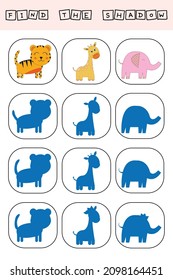Find a shadow  tiger, giraffe, elephant. Match   toy  with correct shadow Preschool worksheet, kids activity worksheet, printable worksheet