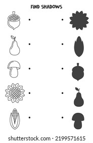 Find shadows of autumn elements. Black and white worksheet. Educational logical game.