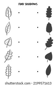 Find Shadows Of Autumn Leaves. Black And White Worksheet. Educational Logical Game.