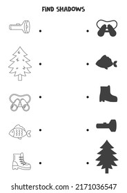 Finden Sie Schatten von Campingelementen. Schwarz-Weiß-Arbeitsblatt. Lernlogisches Spiel.