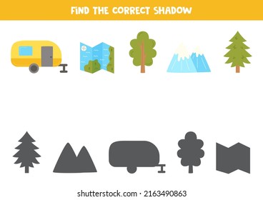 Find shadows of camping pictures. Educational logical game for kids.