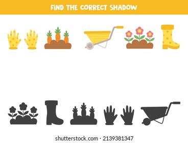Find shadows of cartoon gardening tools. Educational logical game for kids.