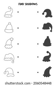 Find shadows of Christmas hats. Educational logical game for kids.