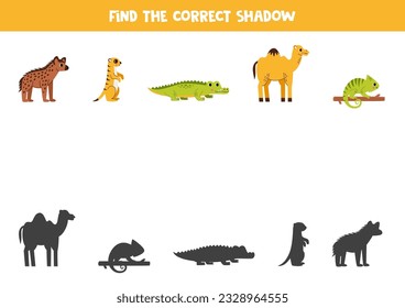 Find shadows of cute African animals. Educational logical game for kids. 