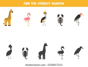 Find shadows of cute African animals. Educational logical game for kids. Printable worksheet for preschoolers.