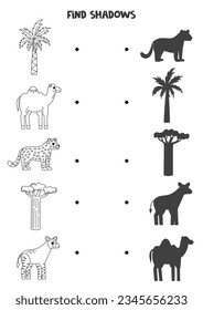 Find shadows of cute African animals. Black and white worksheet. Educational logical game.