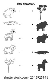 Find shadows of cute African animals. Black and white worksheet. Educational logical game.